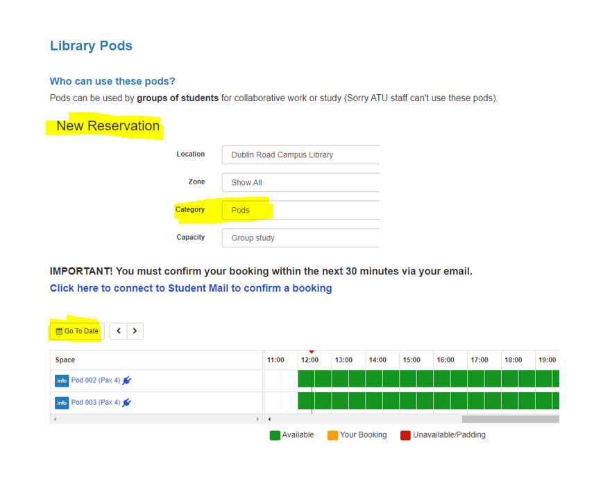 Booking a Library Pod info.